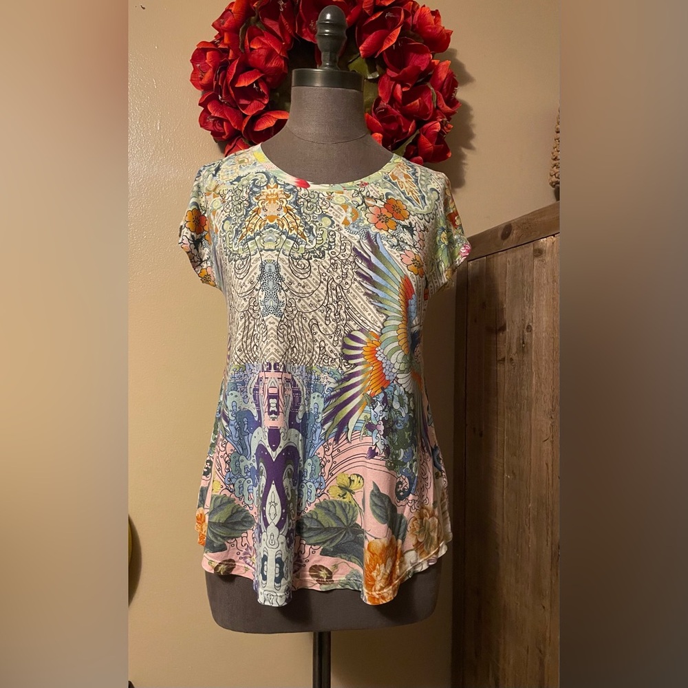Johnny Was Pastel Floral & Wing Print Short Sleeve Tunic